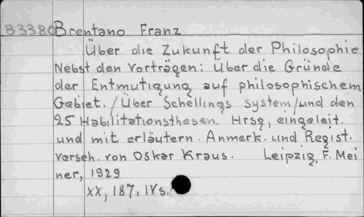 ﻿г въъас	В г?	уЛэукп Franz	
		Uloer ohe Zukunf't oler PUdo<>opViie
	Net»*	и	*••	.	., l + den Уог+га^еи’. Ц1оегс1\е Grunde
	der	EnVwiui’h'^unq^	pkilobo^VÜSckevn et./U<oe.r ScVellin^s	ölen 4aUili'i‘sK<?v\bH<2b«-vv Hrb^) einc^ele-H. vn\t erlaqfern . Av»vnerV;- Lind fress'!- >k. foh OSk&r Voraus-	Leipzig F. Me\
		
	SIS' I-	
	und	
	Verb«	
	ner,	1919	Ä
		XX, 187, iVs. W
		